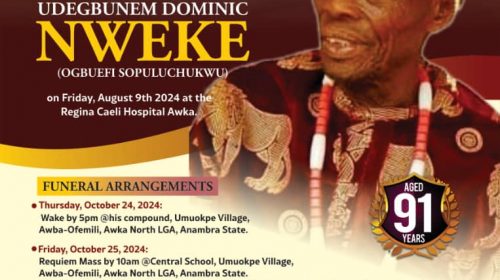 Final rites for late Ogbuefi Dominic Nweke commences October 24