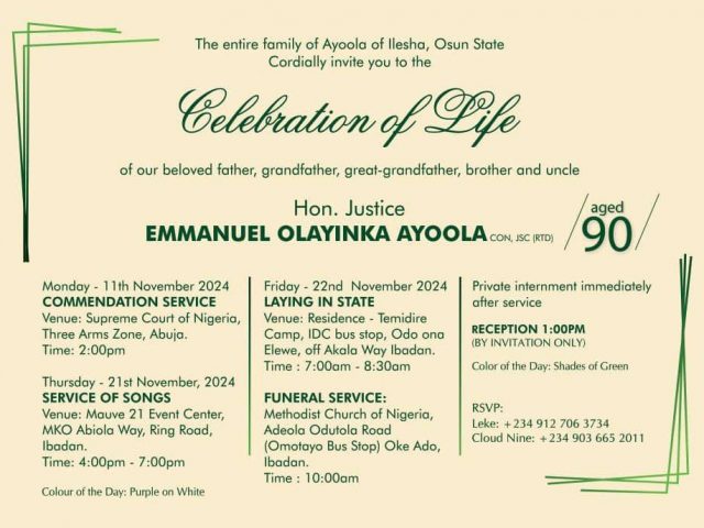 EMMANUEL OLAYINKA AYOOLA RETIRED SUPREME COURT JUSTICE’S FINAL BURIAL RITES FROM 11- 20 NOVEMBER 2024