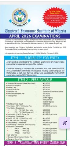 CIIN Commences Registration For 2026 Professional Examinations Dec. 1 INSURANCE